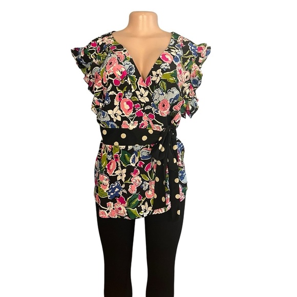 3/$30 🍂 Odille Anthropologie Floral Silk Cap Sleeve Wrap Shirt Multicolor - Picture 2 of 9